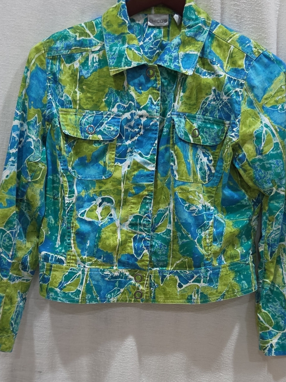 Chico's Vibrant Blue & Green Print Cotton Jacket